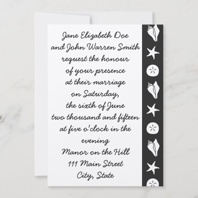 Conchas de Verano en Invitación de Boda Negra (Anverso)