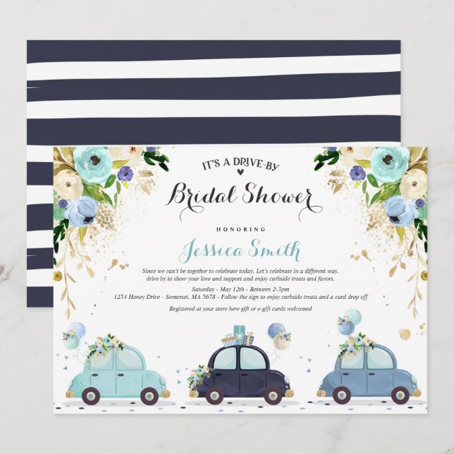 Conducción por Bridal Shower Invitación Floral Azu (Anverso / Reverso)