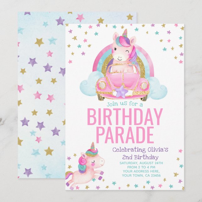 Conducción Por Invitación De Cumpleaños De Unicorn (Anverso / Reverso)