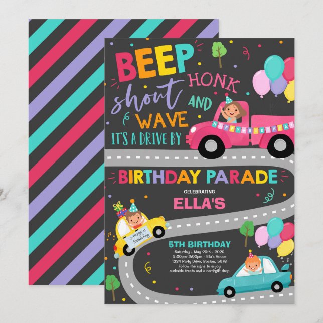 Conducir por el desfile de cumpleaños Invitación a (Anverso / Reverso)