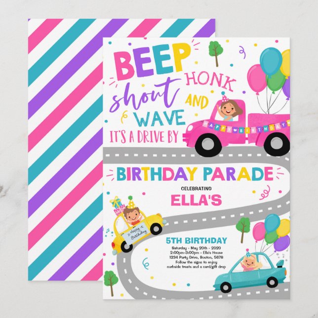 Conducir por el desfile de cumpleaños Invitación a (Anverso / Reverso)