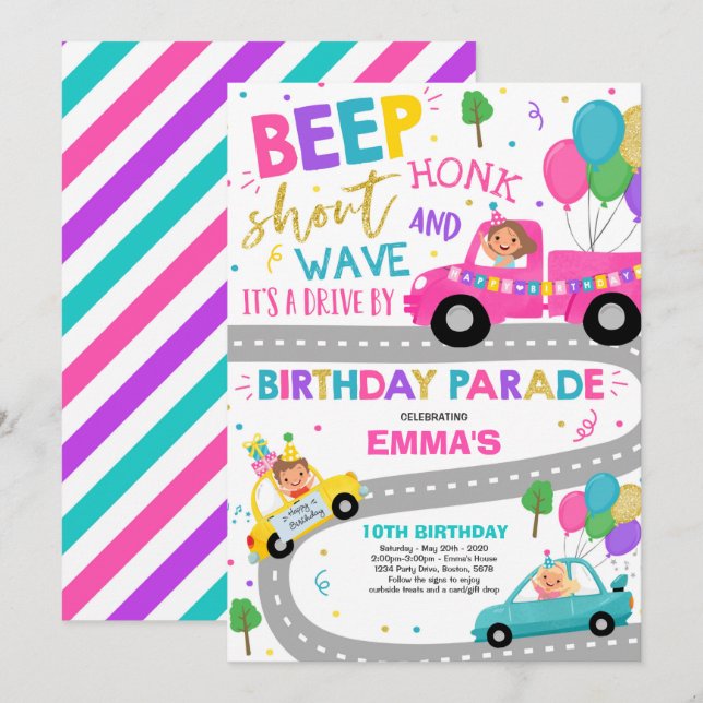 Conducir por el desfile de cumpleaños Invitación a (Anverso / Reverso)
