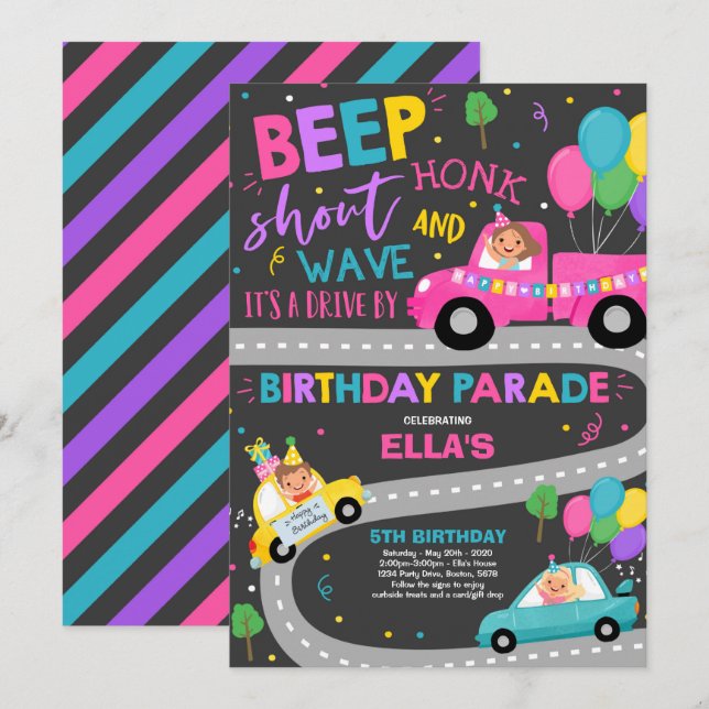 Conducir por el Desfile de Cumpleaños Invitación D (Anverso / Reverso)