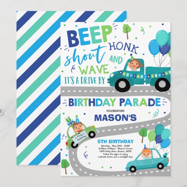 Conducir por el Desfile de Cumpleaños Invitación D (Anverso / Reverso)