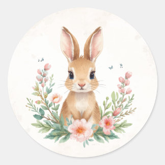 Conejito Adorable con Flores Pegatina Redonda | Pr