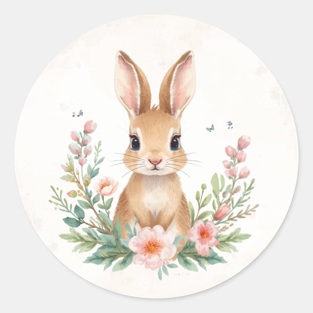 Conejito Adorable con Flores Pegatina Redonda | Pr (Anverso)