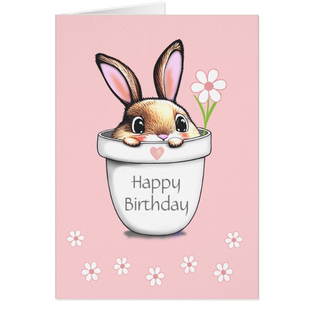 Conejito de cumpleaños adorable y flores sobre fon (Frente)