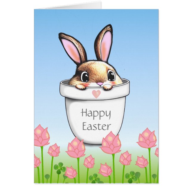 Conejito de Pascua lindo en una maceta y flores ro (Frente)