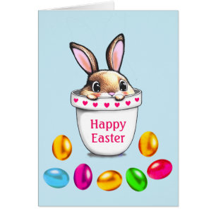 Conejito de Pascua lindo en una maceta y huevos co