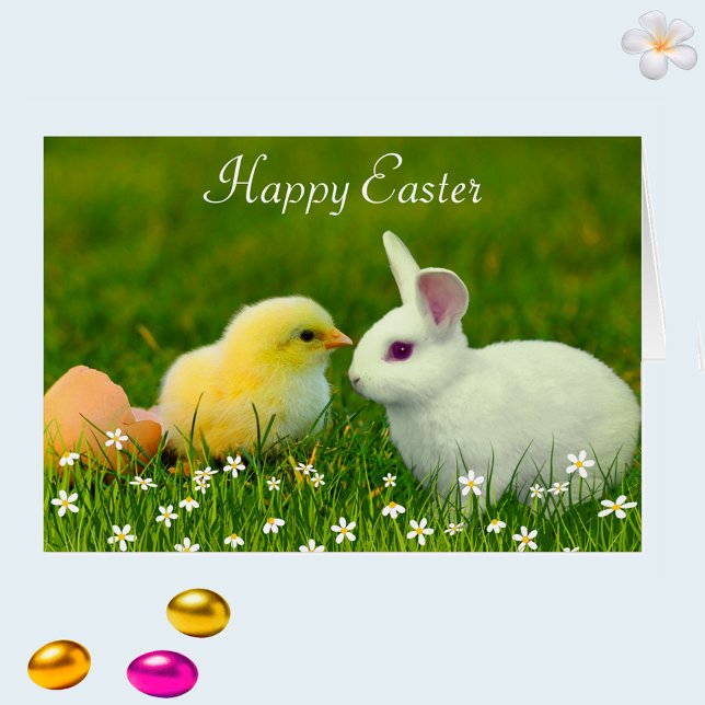 Conejito de Pascua lindo y pollito con flores (Subido por el creador)