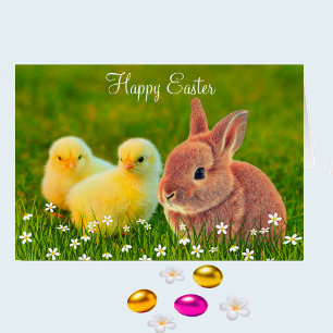 Conejito de Pascua y pollitos con flores