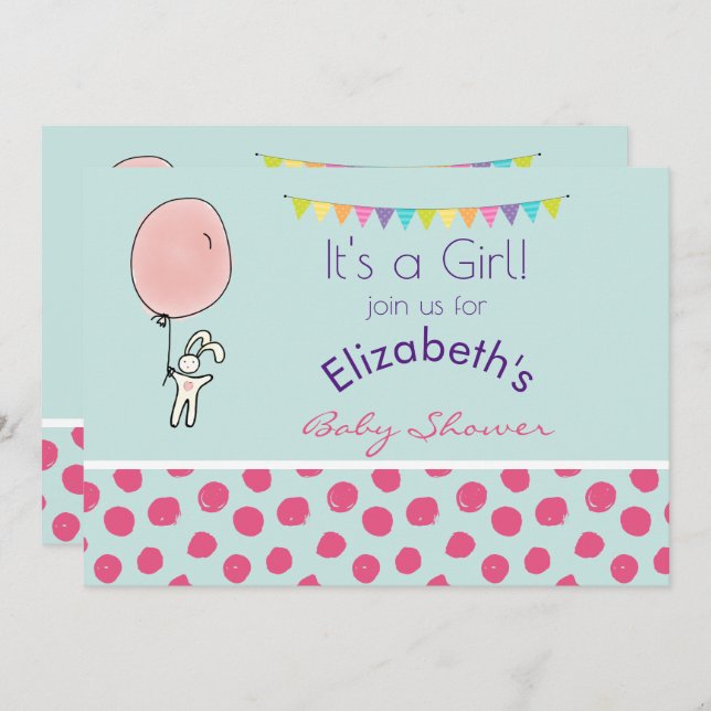 Conejito que sostiene una invitación a un globo Ba (Anverso / Reverso)