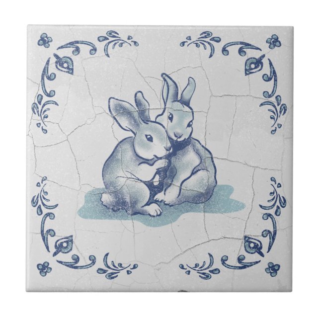 Conejitos Amigables de Cerámica Azulejo Delft (Frente)