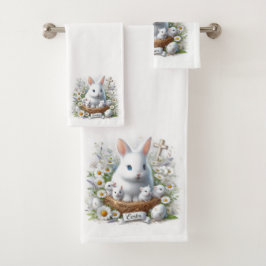 Conejitos de Pascua blancos lindos, margaritas y c