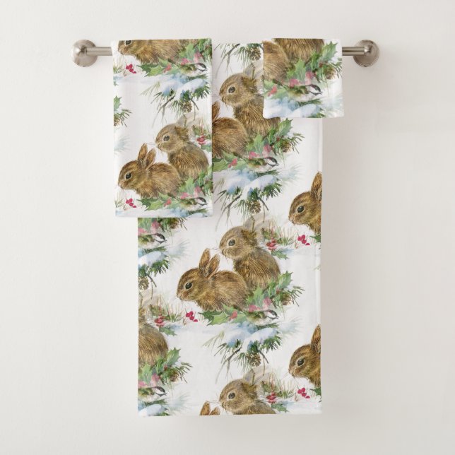 Conejitos y pájaro en sistema de la toalla de baño (In situ)