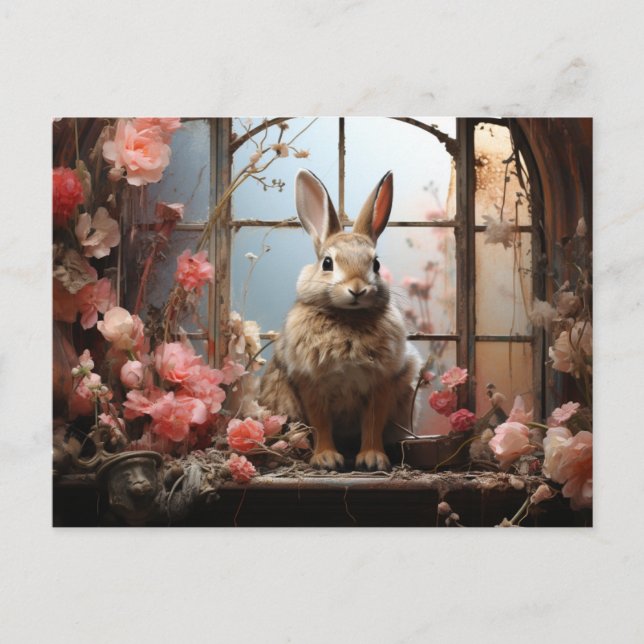 Conejo Adorable con Postal de Flores Rosa (Anverso)