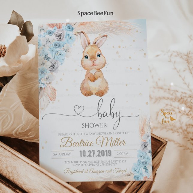 Conejo Baby Shower Invitación Boy Boho pampas past (Bunny Baby Shower Invitation Boy Boho pampas grass Bohemian Rabbit Bunny Baby Shower Some Bunny )