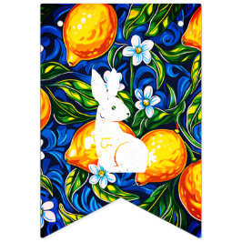 Conejo blanco audaz y pancarta de ramita de Pascua