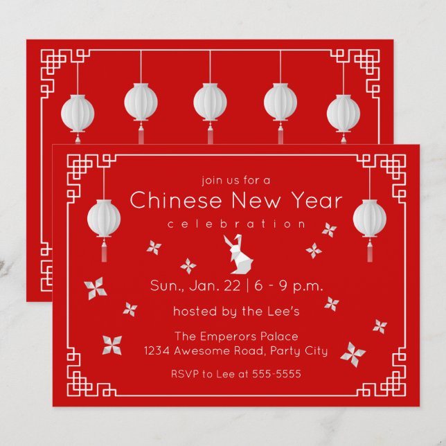 Conejo chino de año nuevo con origami, invitación  (Anverso / Reverso)
