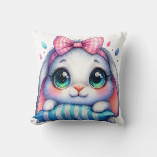 Conejo con lazo rosa con almohada a rayas