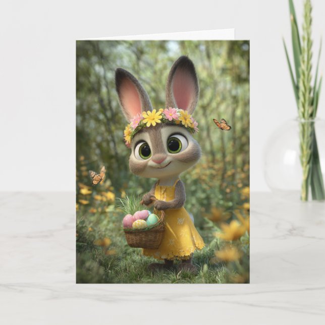 Conejo con vestido amarillo soleado y tarjeta de c (Anverso)