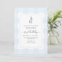 Conejo conejo azul Gingham Invitación de primer cu
