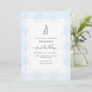 Conejo conejo azul Gingham Invitación de primer cu