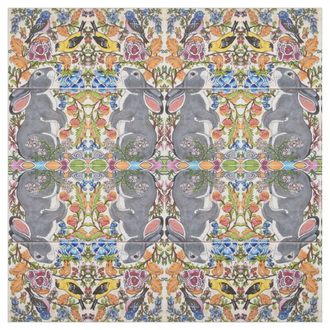 Conejo conejo conejo, flores de pájaros tela de di (Retal)