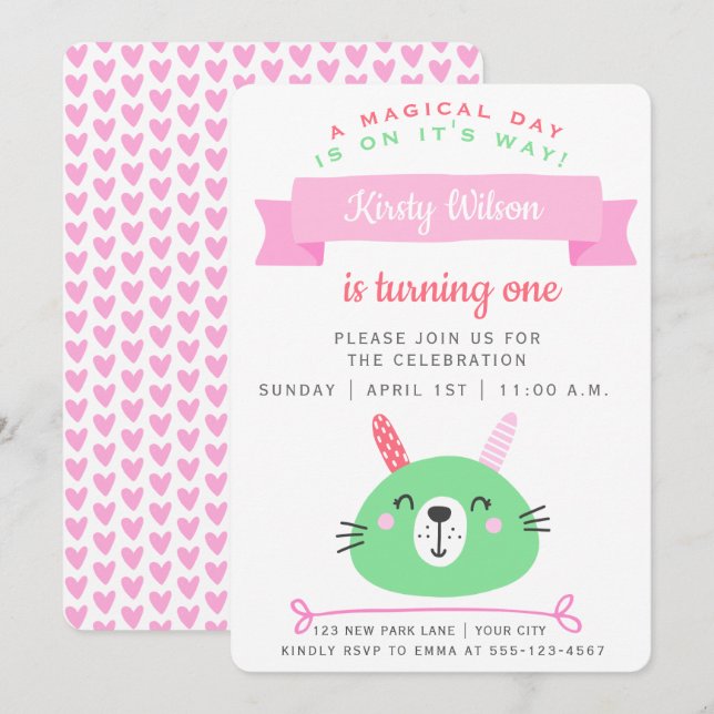 Conejo Cute | Invitación a la celebración del cump (Anverso / Reverso)