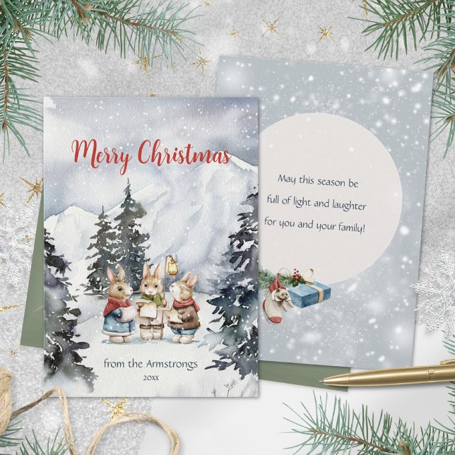 Conejo de acuarela acogedor cantores de Navidad ni (Cozy Watercolor Rabbit Carolers Snow Christmas Holiday Card – Susanne Sachers - Sunny Mind 🌞)
