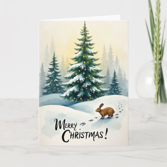 Conejo de árbol de Navidad Tarjeta de nieve (Anverso)