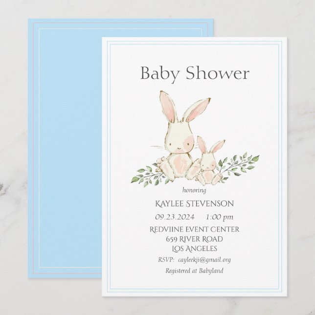 Conejo de Conejos Azul Invitación Baby Shower Mode (Anverso / Reverso)