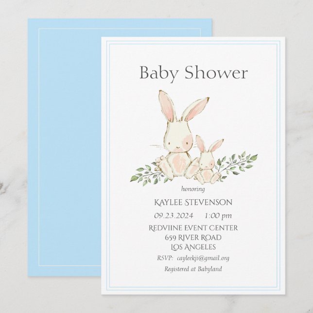 Conejo de Conejos Azul Invitación Baby Shower Mode (Anverso / Reverso)