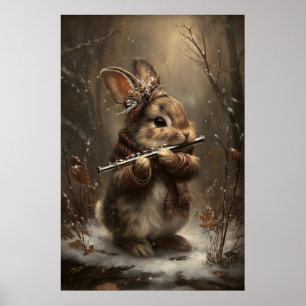 Conejo de Invierno Tocando Flauta en Impresión de