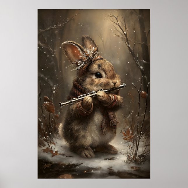 Conejo de Invierno Tocando Flauta en Impresión de  (Frente)