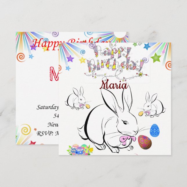 Conejo de invitación de tarjeta de cumpleaños feli (Anverso / Reverso)