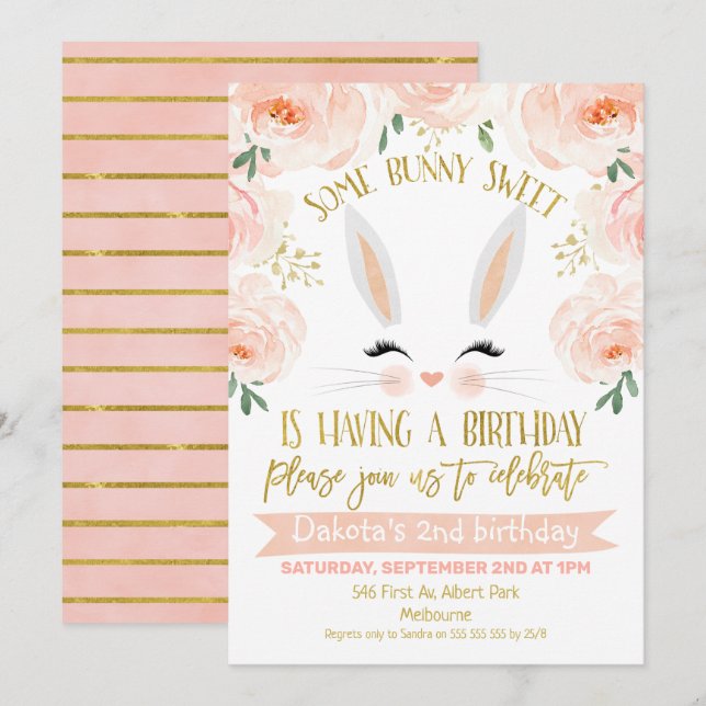 Conejo de oro rosa floral Face Invitación al cumpl (Anverso / Reverso)