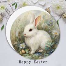 Conejo de Pascua Blanco Acuarela Pradera Arte de P
