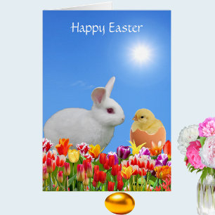 Conejo de Pascua blanco, tulipanes y pollito sobre