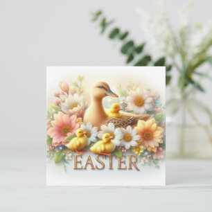 Conejo de Pascua con patitos y flores de primavera