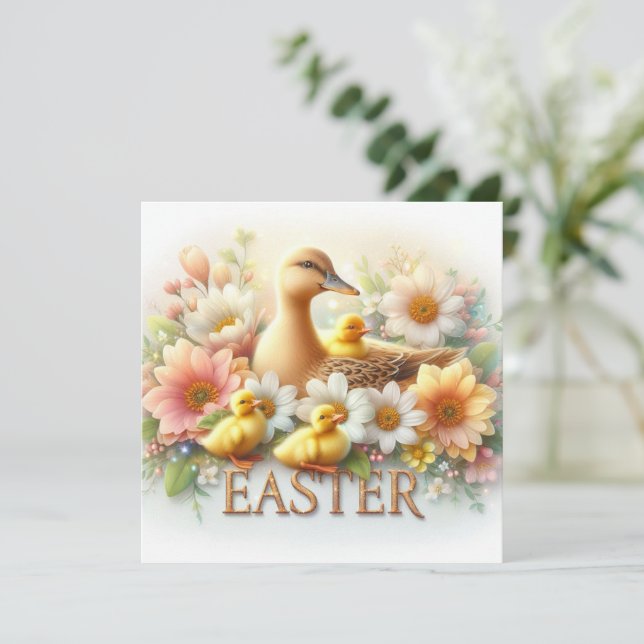 Conejo de Pascua con patitos y flores de primavera (Anverso de pie)