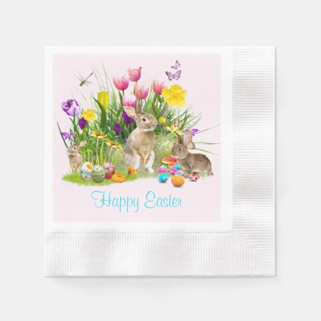 Conejo de Pascua Feliz en Servilleta de Papel Rosa (Anverso)