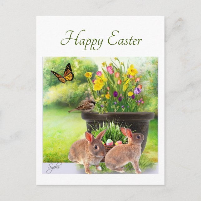 Conejo de Pascua Feliz y Tarjeta Postal de Flores  (Anverso)