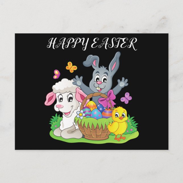 Conejo de Pascua, postal de cordero y pollo. (Anverso)