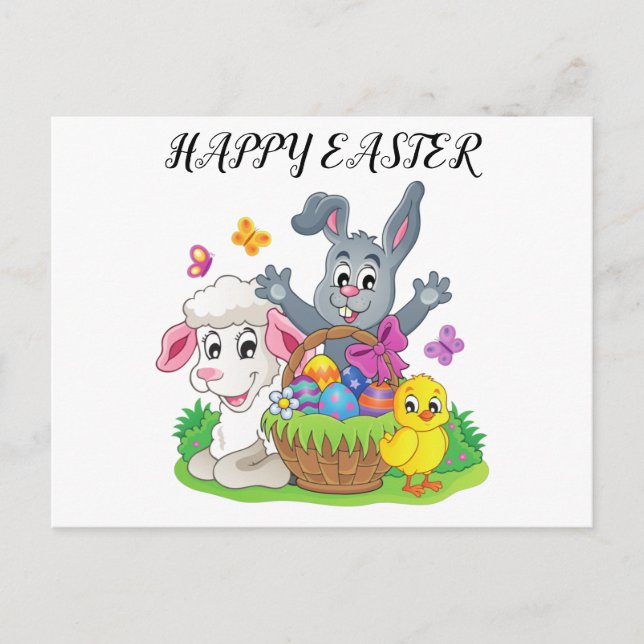 Conejo de Pascua, postal de cordero y pollo. (Anverso)