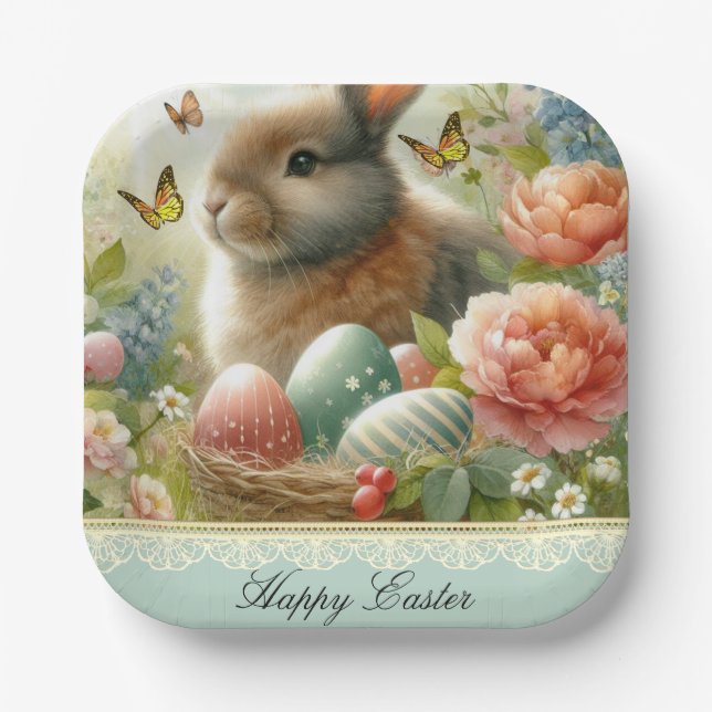 Conejo de Pascua Retro Feliz Plato de Papel (Anverso)