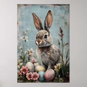 Conejo de Pascua Retro Impresión de Flor, Rústico