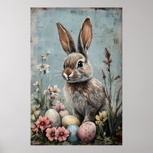 Conejo de Pascua Retro Impresión de Flor, Rústico (Frente)