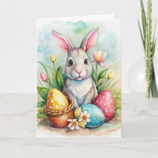 Conejo de Pascua y huevos pintados Tarjeta de vaca (Anverso)