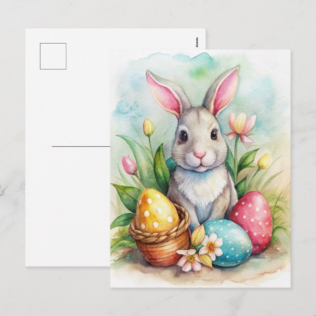 Conejo de Pascua y huevos pintados Tarjeta de vaca (Anverso / Reverso)